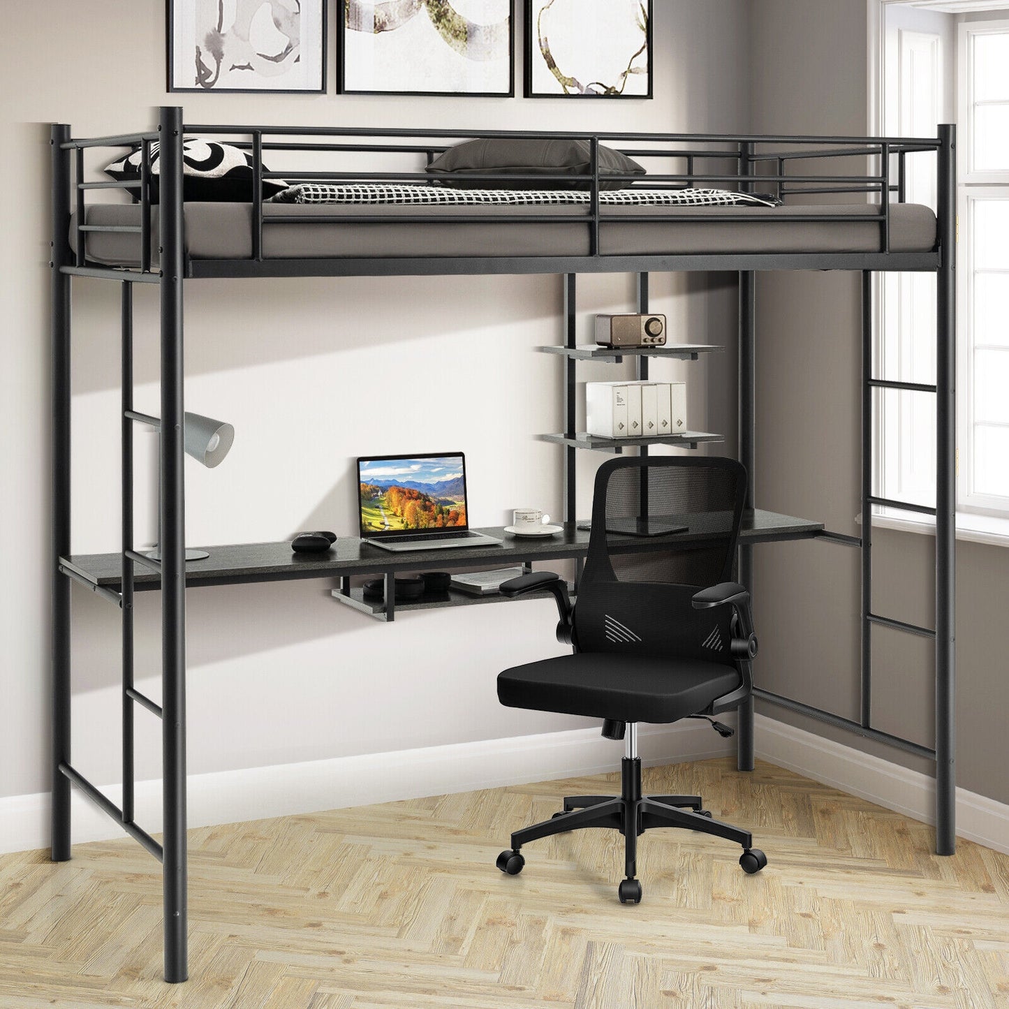 Multifunctional Twin Loft Bed with Desk, Storage Shelves, and Full-Length Ladders