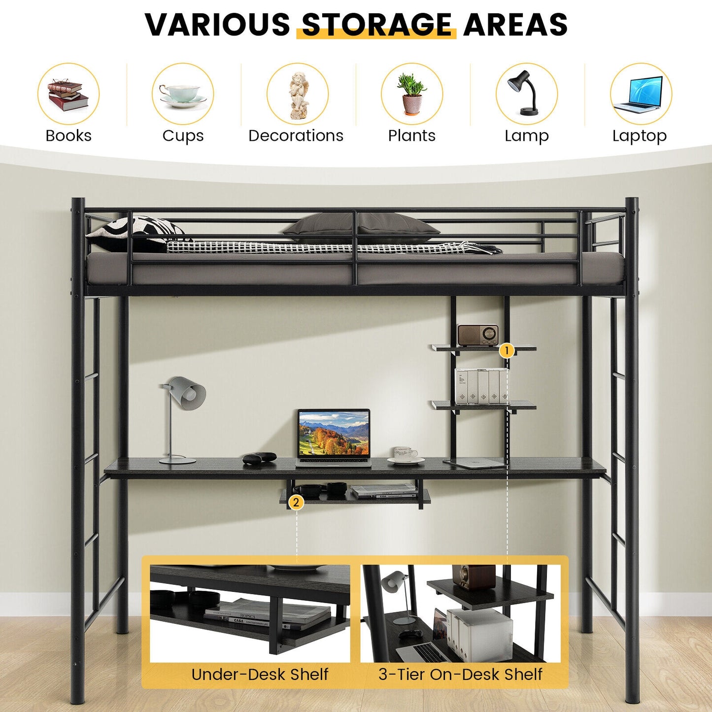 Multifunctional Twin Loft Bed with Desk, Storage Shelves, and Full-Length Ladders