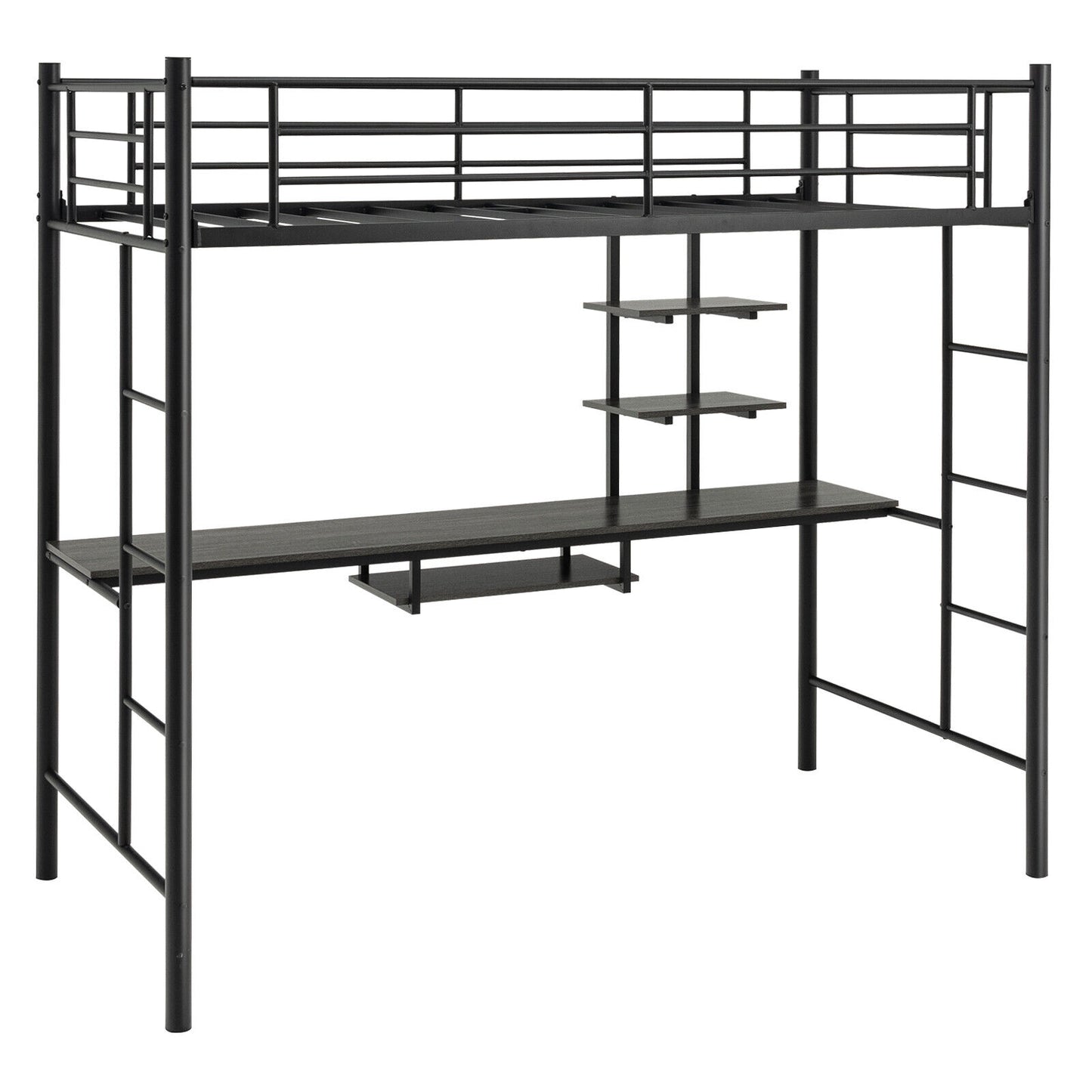 Multifunctional Twin Loft Bed with Desk, Storage Shelves, and Full-Length Ladders