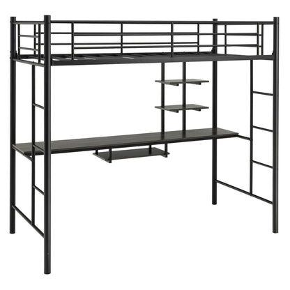 Multifunctional Twin Loft Bed with Desk, Storage Shelves, and Full-Length Ladders