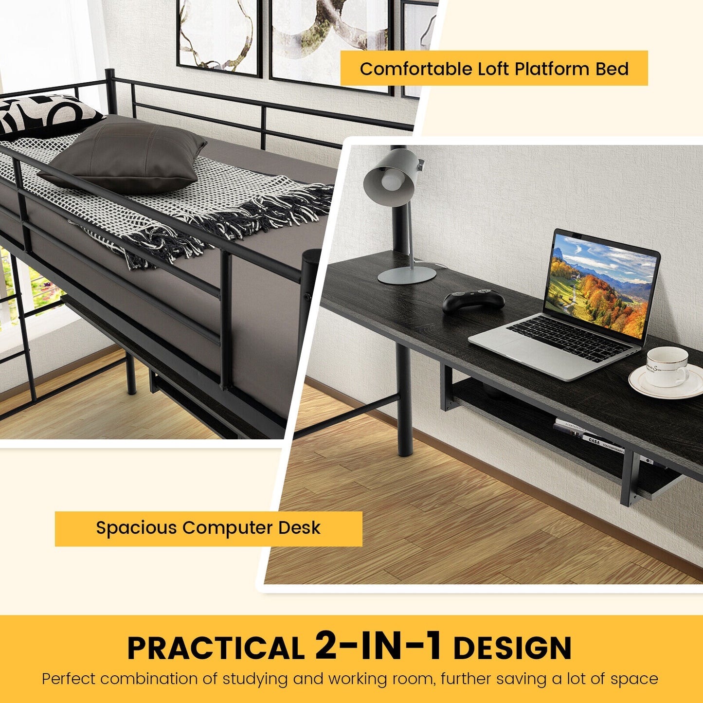 Multifunctional Twin Loft Bed with Desk, Storage Shelves, and Full-Length Ladders