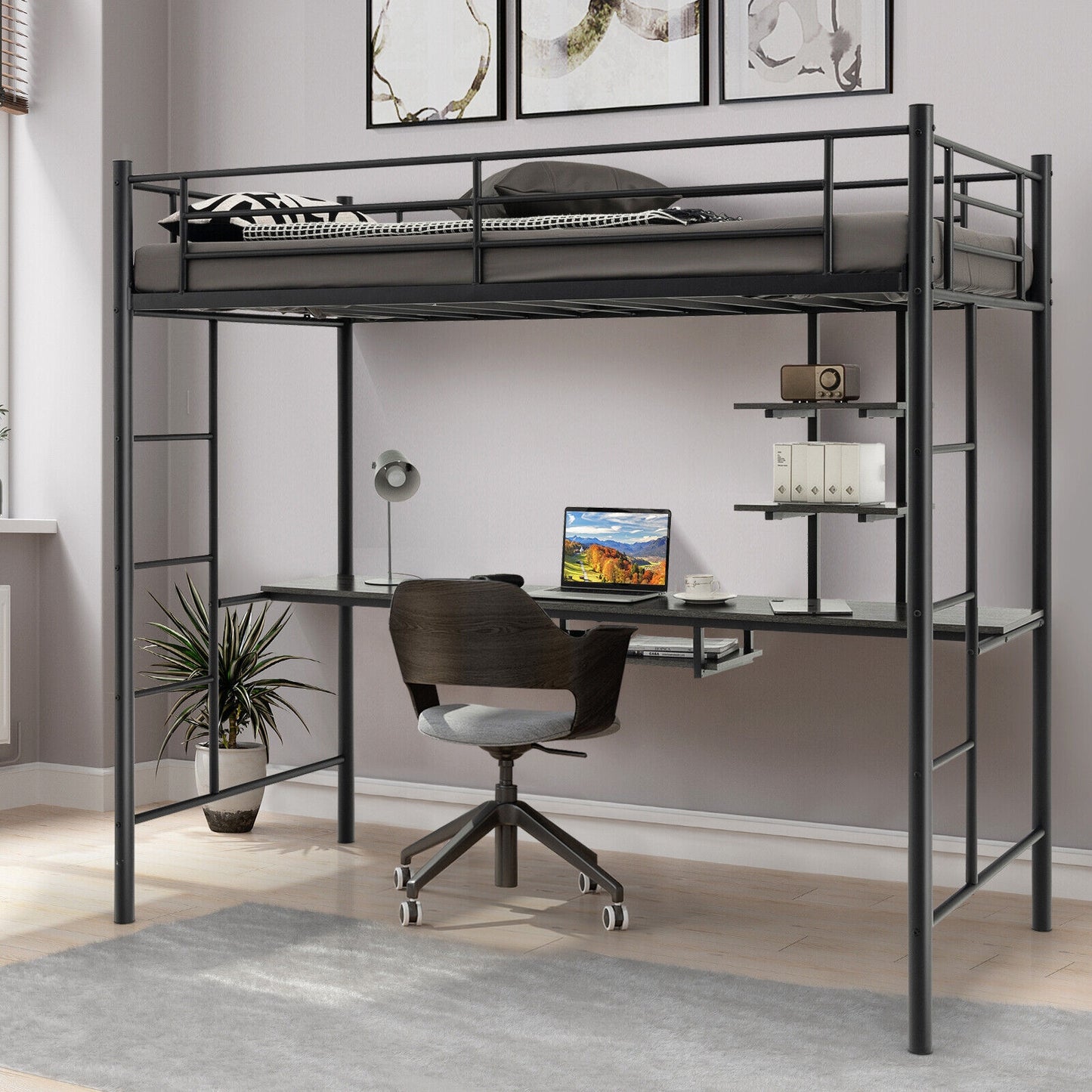 Multifunctional Twin Loft Bed with Desk, Storage Shelves, and Full-Length Ladders