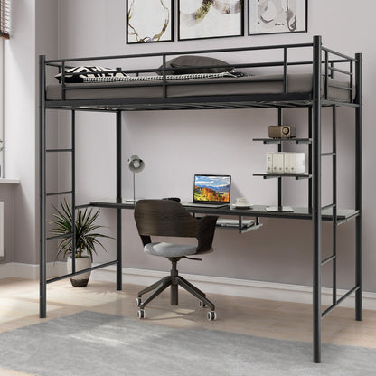 Multifunctional Twin Loft Bed with Desk, Storage Shelves, and Full-Length Ladders