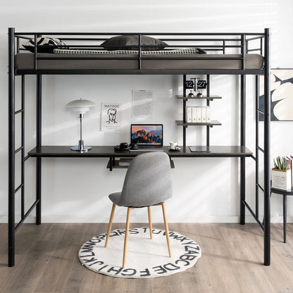 Multifunctional Twin Loft Bed with Desk, Storage Shelves, and Full-Length Ladders