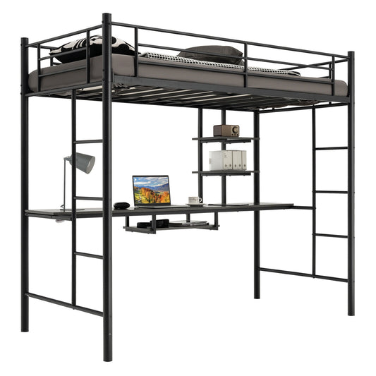 Multifunctional Twin Loft Bed with Desk, Storage Shelves, and Full-Length Ladders