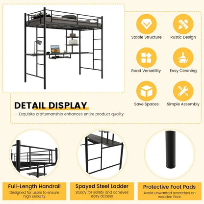 Multifunctional Twin Loft Bed with Desk, Storage Shelves, and Full-Length Ladders