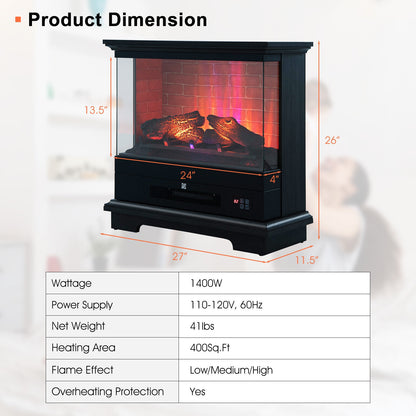 27" Freestanding Electric Fireplace with 3 Level Flame Effect & Adjustable Thermostat