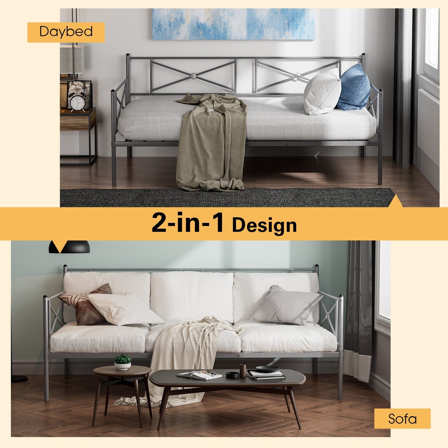Twin Size Metal Daybed Frame with Steel Slats and Decorative Headboard for Sofa or Guest Bed Use – Silver