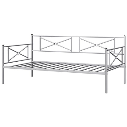 Twin Size Metal Daybed Frame with Steel Slats and Decorative Headboard for Sofa or Guest Bed Use – Silver