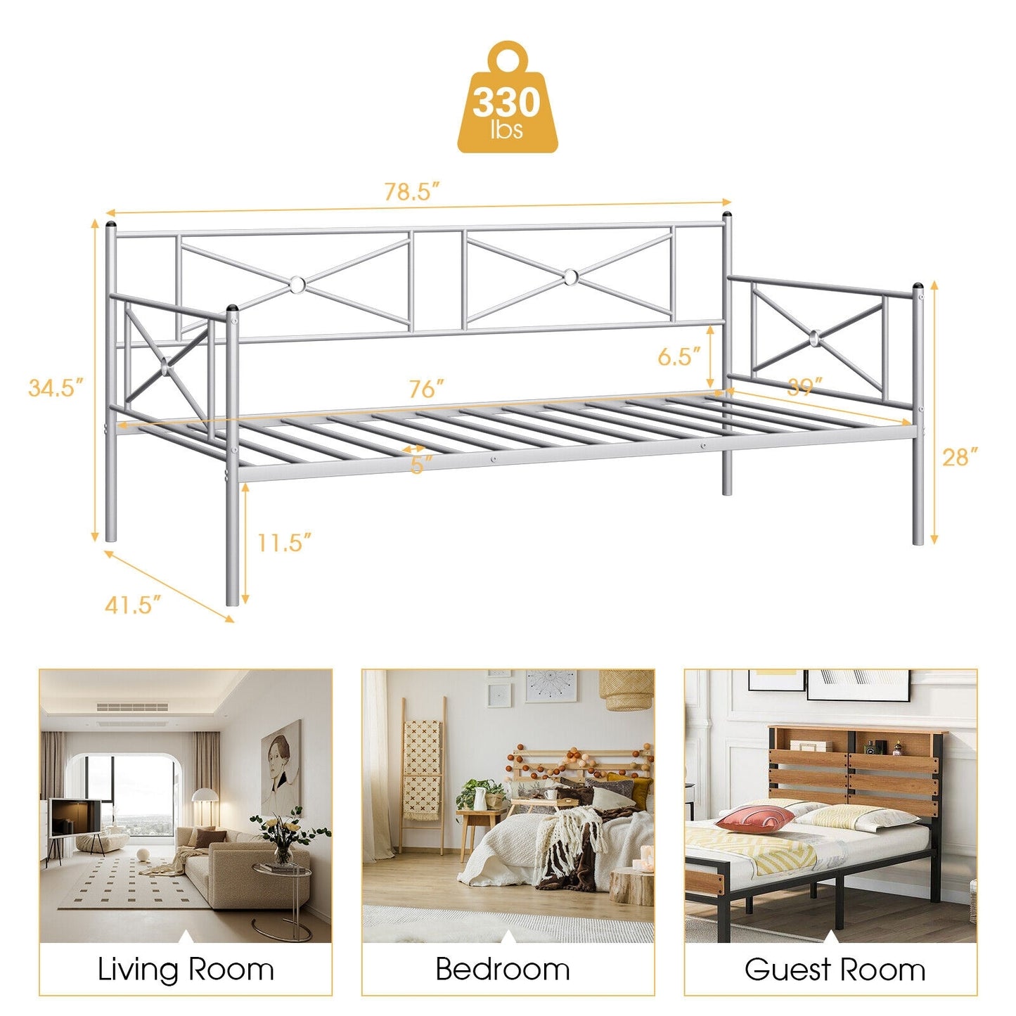Twin Size Metal Daybed Frame with Steel Slats and Decorative Headboard for Sofa or Guest Bed Use – Silver