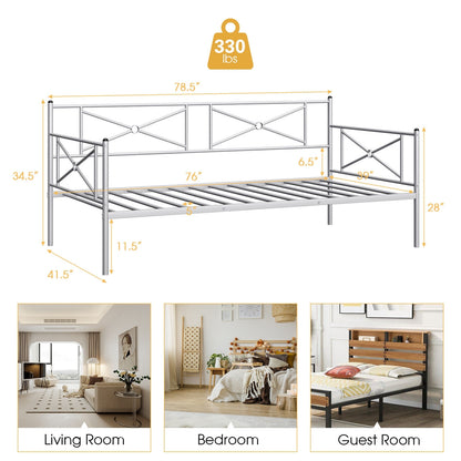 Twin Size Metal Daybed Frame with Steel Slats and Decorative Headboard for Sofa or Guest Bed Use – Silver
