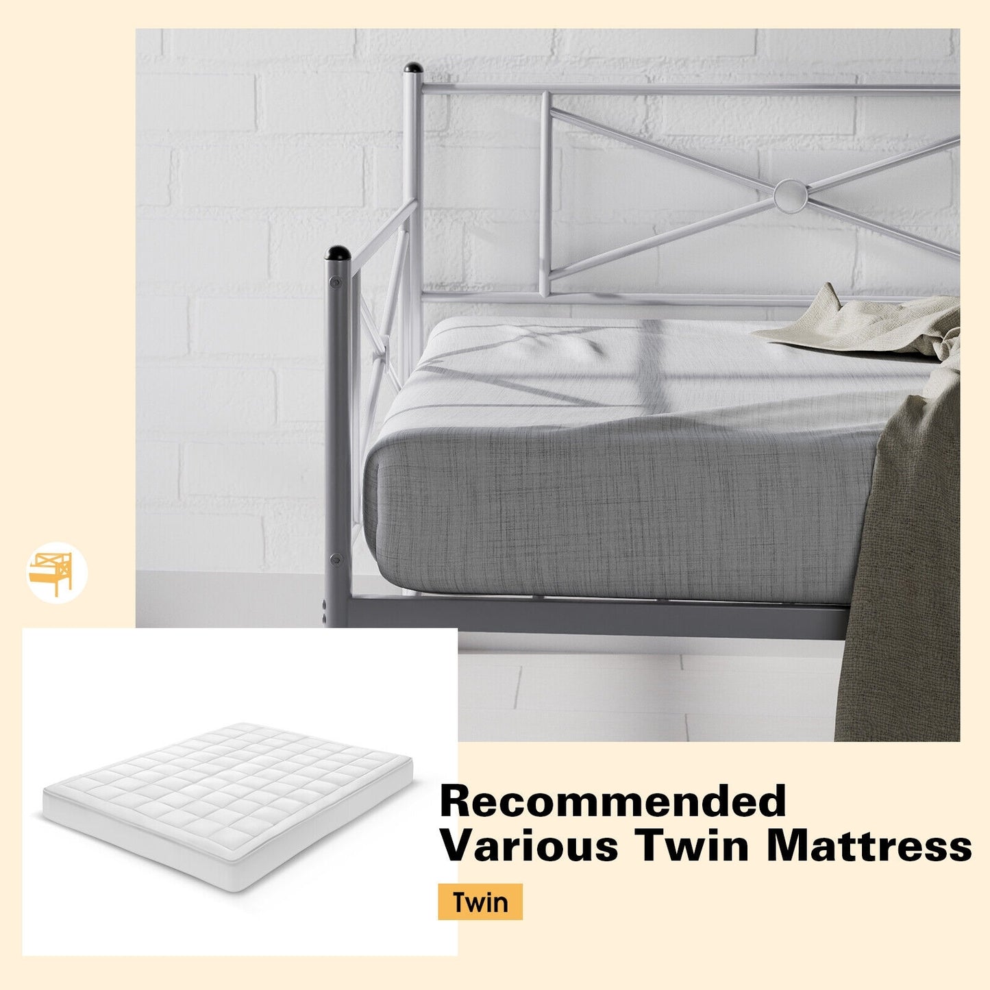 Twin Size Metal Daybed Frame with Steel Slats and Decorative Headboard for Sofa or Guest Bed Use – Silver