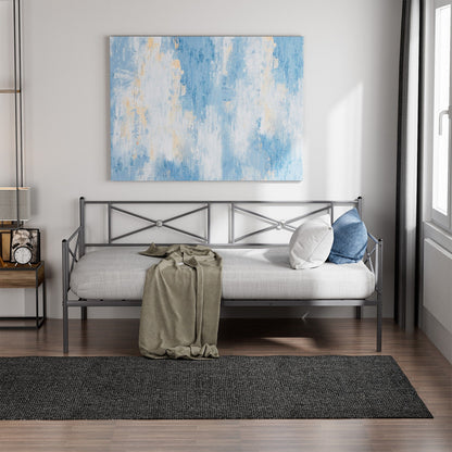 Twin Size Metal Daybed Frame with Steel Slats and Decorative Headboard for Sofa or Guest Bed Use – Silver