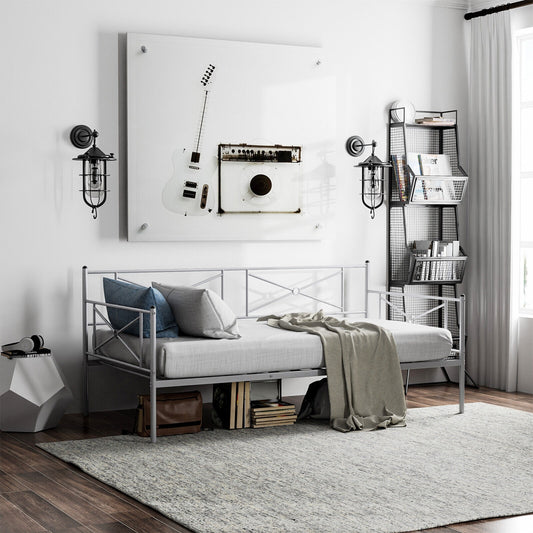 Twin Size Metal Daybed Frame with Steel Slats and Decorative Headboard for Sofa or Guest Bed Use – Silver