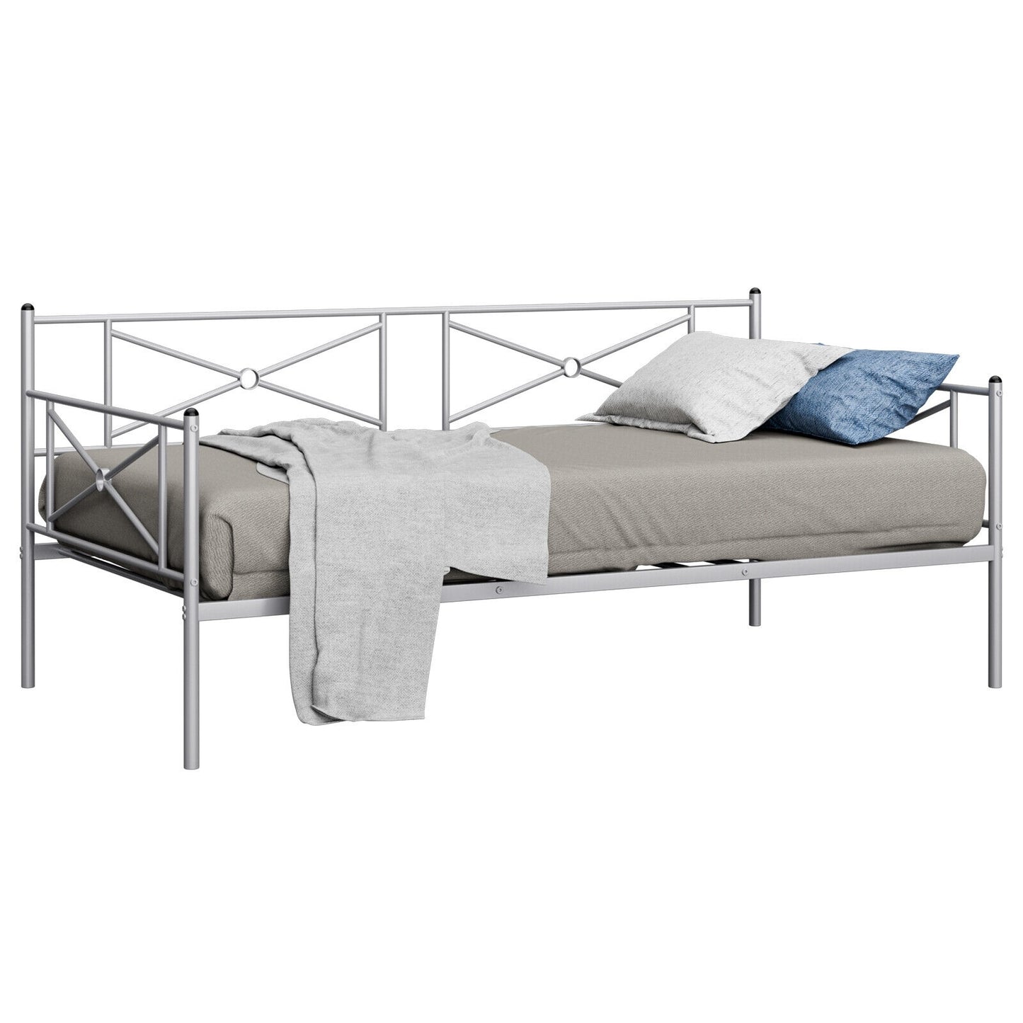 Twin Size Metal Daybed Frame with Steel Slats and Decorative Headboard for Sofa or Guest Bed Use – Silver