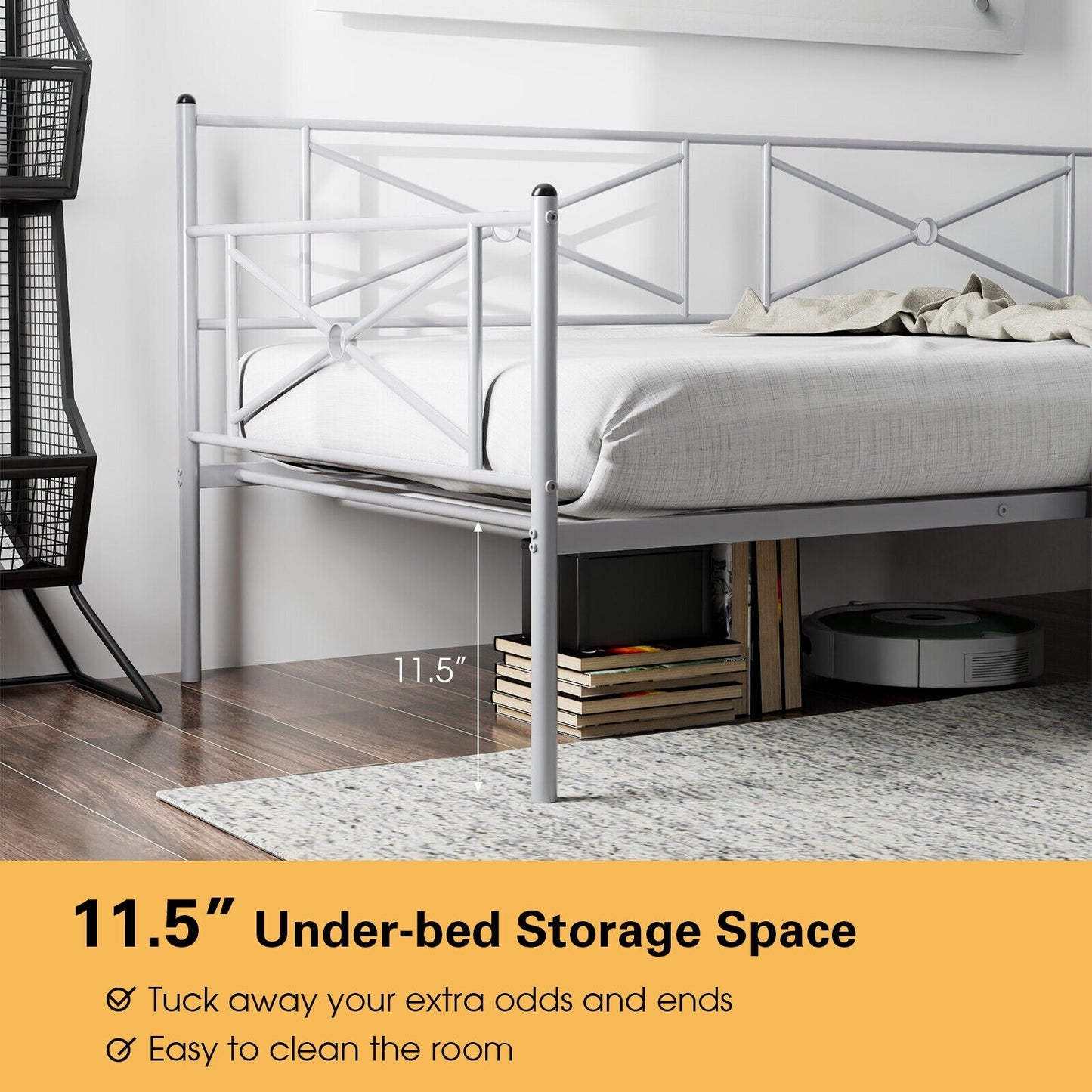 Twin Size Metal Daybed Frame with Steel Slats and Decorative Headboard for Sofa or Guest Bed Use – Silver