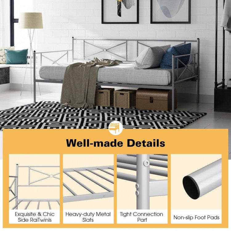 Twin Size Metal Daybed Frame with Steel Slats and Decorative Headboard for Sofa or Guest Bed Use – Silver