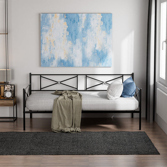 Twin Size Metal Daybed Frame with Steel Slats and Decorative Headboard for Sofa or Guest Bed Use – Black
