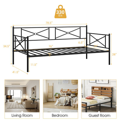 Twin Size Metal Daybed Frame with Steel Slats and Decorative Headboard for Sofa or Guest Bed Use – Black