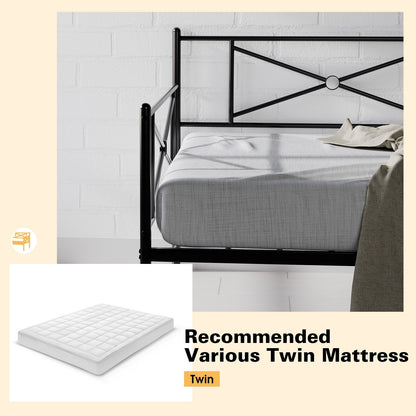 Twin Size Metal Daybed Frame with Steel Slats and Decorative Headboard for Sofa or Guest Bed Use – Black