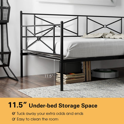 Twin Size Metal Daybed Frame with Steel Slats and Decorative Headboard for Sofa or Guest Bed Use – Black