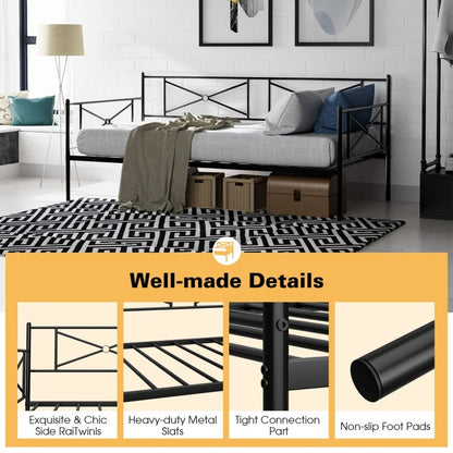Twin Size Metal Daybed Frame with Steel Slats and Decorative Headboard for Sofa or Guest Bed Use – Black