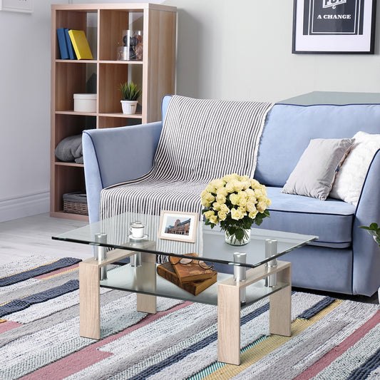 Contemporary Rectangle Coffee Table with Tempered Glass Top and Metal Legs, Natural