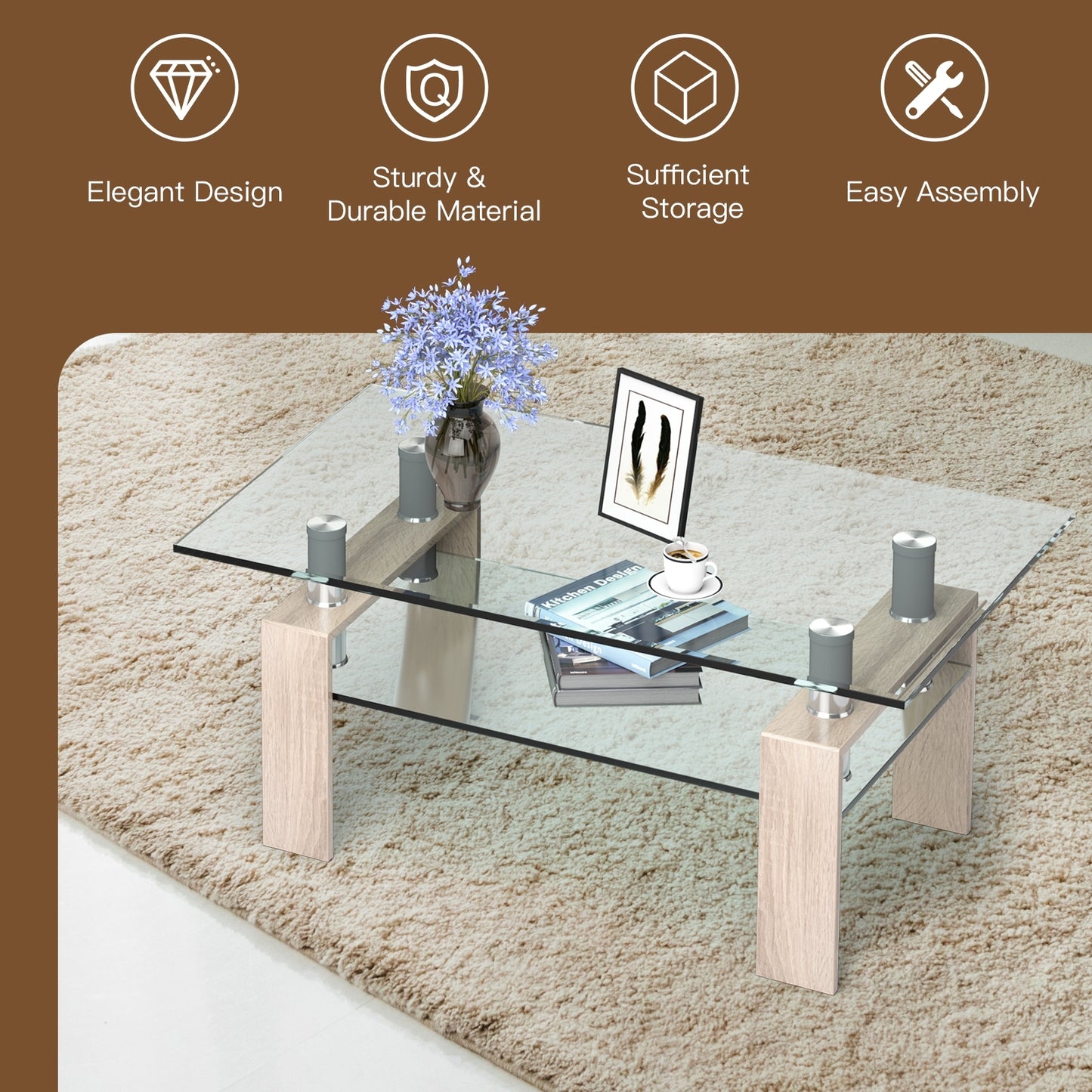 Contemporary Rectangle Coffee Table with Tempered Glass Top and Metal Legs, Natural