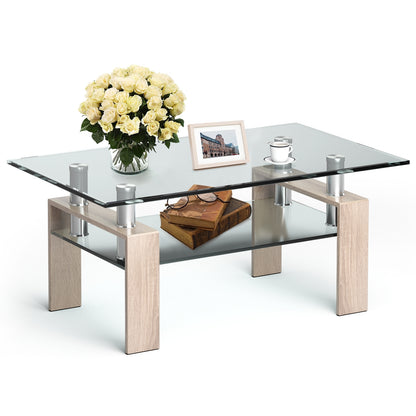 Contemporary Rectangle Coffee Table with Tempered Glass Top and Metal Legs, Natural