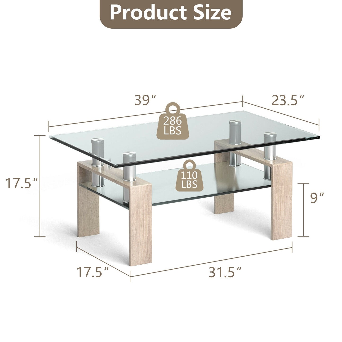 Contemporary Rectangle Coffee Table with Tempered Glass Top and Metal Legs, Natural