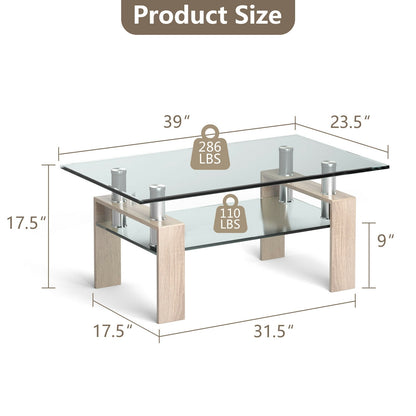 Contemporary Rectangle Coffee Table with Tempered Glass Top and Metal Legs, Natural