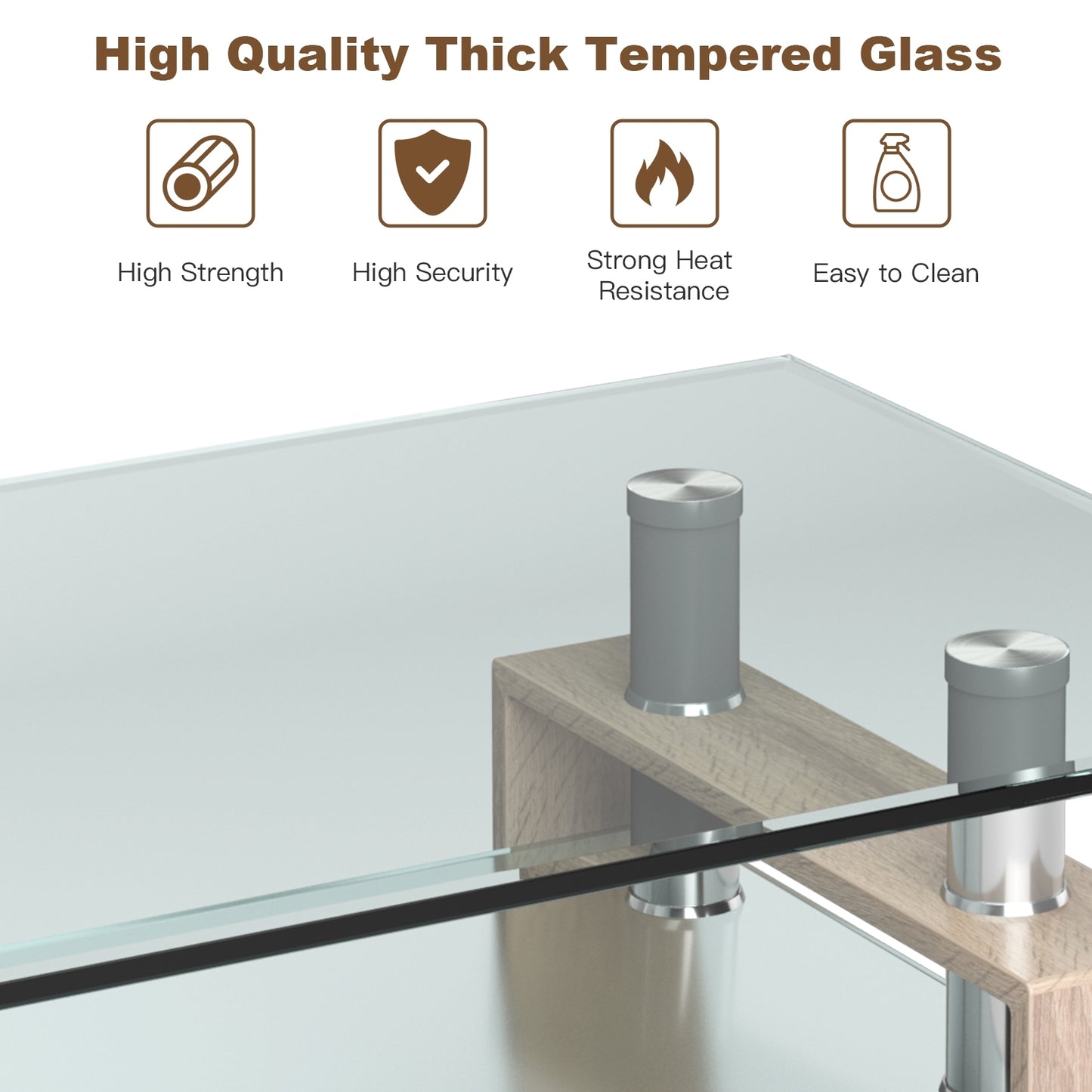 Contemporary Rectangle Coffee Table with Tempered Glass Top and Metal Legs, Natural