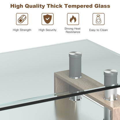 Contemporary Rectangle Coffee Table with Tempered Glass Top and Metal Legs, Natural