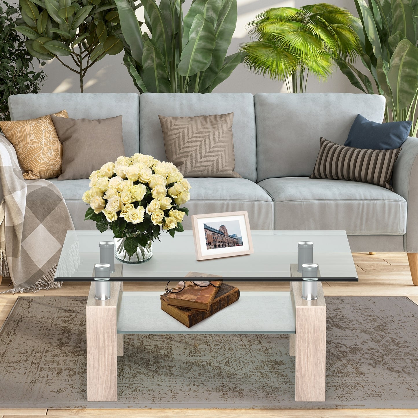 Contemporary Rectangle Coffee Table with Tempered Glass Top and Metal Legs, Natural
