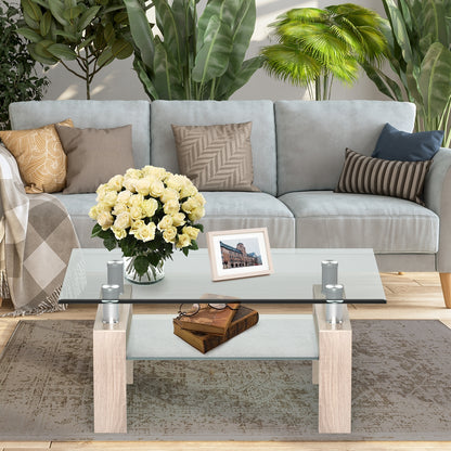 Contemporary Rectangle Coffee Table with Tempered Glass Top and Metal Legs, Natural
