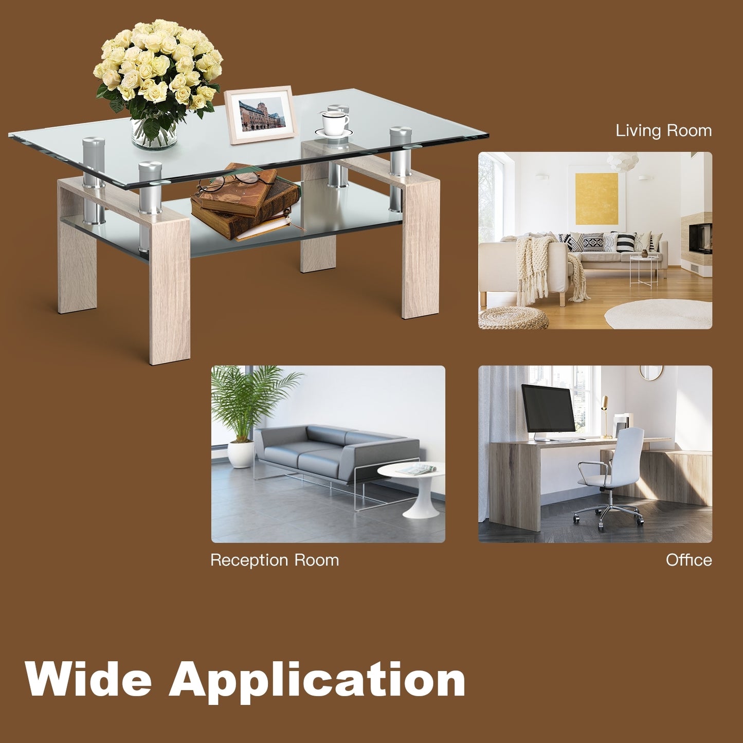 Contemporary Rectangle Coffee Table with Tempered Glass Top and Metal Legs, Natural