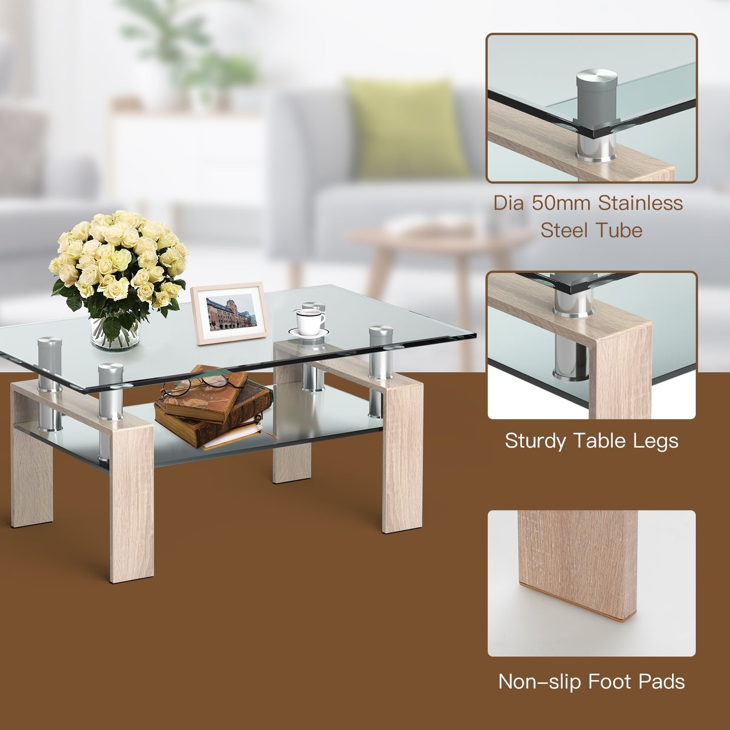 Contemporary Rectangle Coffee Table with Tempered Glass Top and Metal Legs, Natural