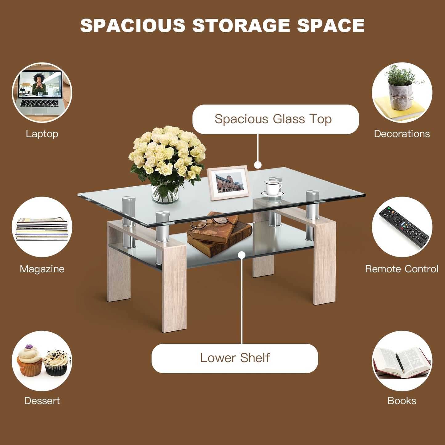 Contemporary Rectangle Coffee Table with Tempered Glass Top and Metal Legs, Natural