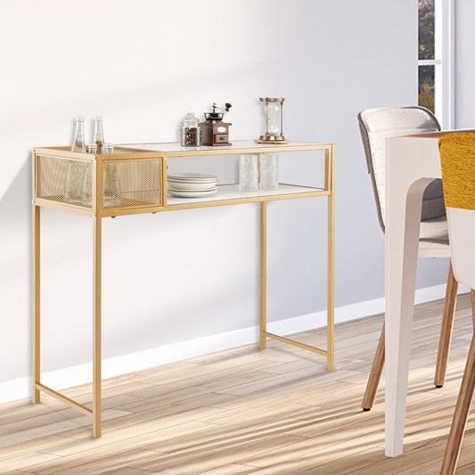 43.5 Inch Console Table with Faux Marble Top, Open Shelf and Wire Basket