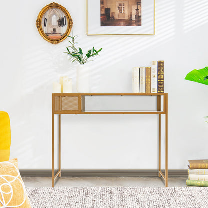 43.5 Inch Console Table with Faux Marble Top, Open Shelf and Wire Basket