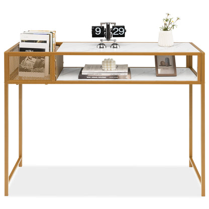 43.5 Inch Console Table with Faux Marble Top, Open Shelf and Wire Basket