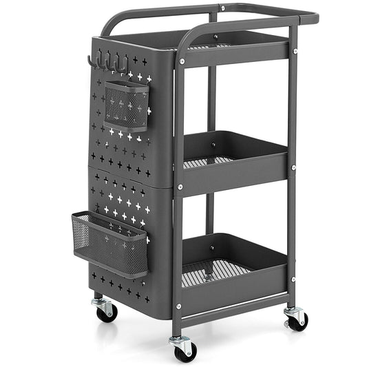 Rolling 3 Tier Utility Storage Cart with Pegboard Hooks Baskets and Handle - Grey
