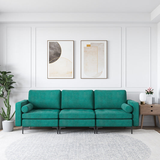 3 Seater Sofa Couch with Storage Pocket and Metal Legs, Teal Suede Upholstery