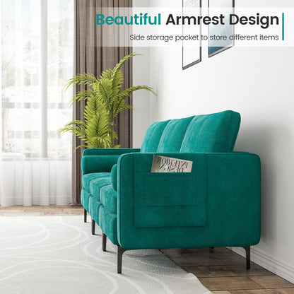 3 Seater Sofa Couch with Storage Pocket and Metal Legs, Teal Suede Upholstery