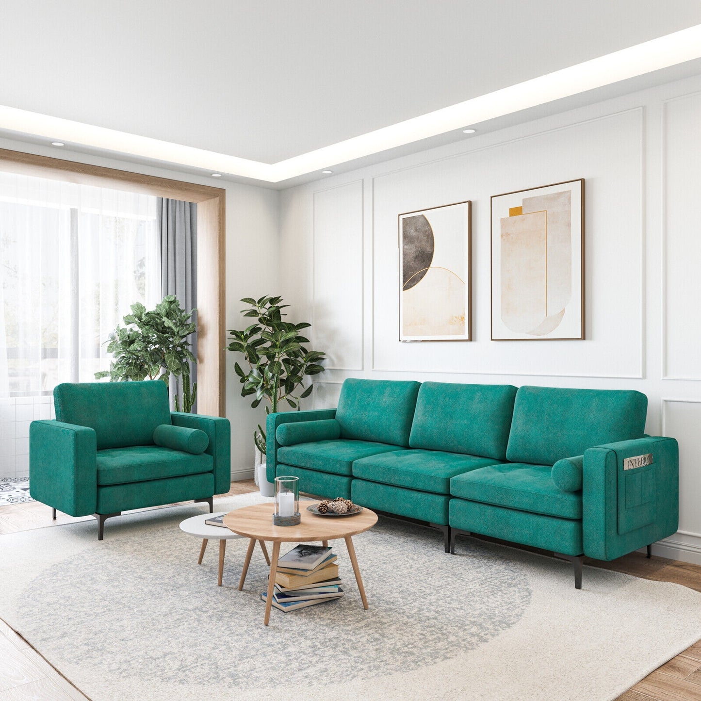 3 Seater Sofa Couch with Storage Pocket and Metal Legs, Teal Suede Upholstery