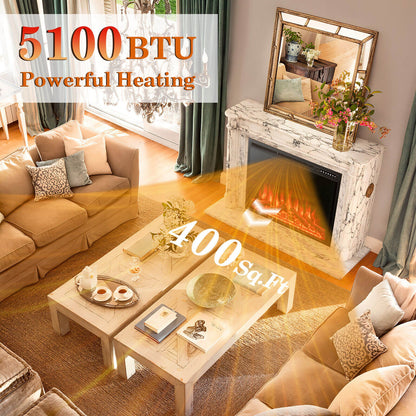 34" & 37" Recessed Electric Fireplace with Adjustable Flames & Customizable Heat Settings