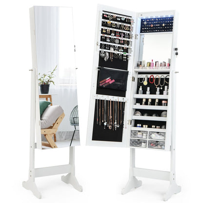 LED Lighted Full-Length Mirror Jewelry Armoire with Lockable Storage and Adjustable Angle – White