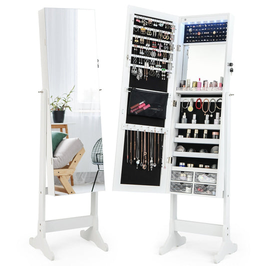 LED Lighted Full-Length Mirror Jewelry Armoire with Lockable Storage and Adjustable Angle – White