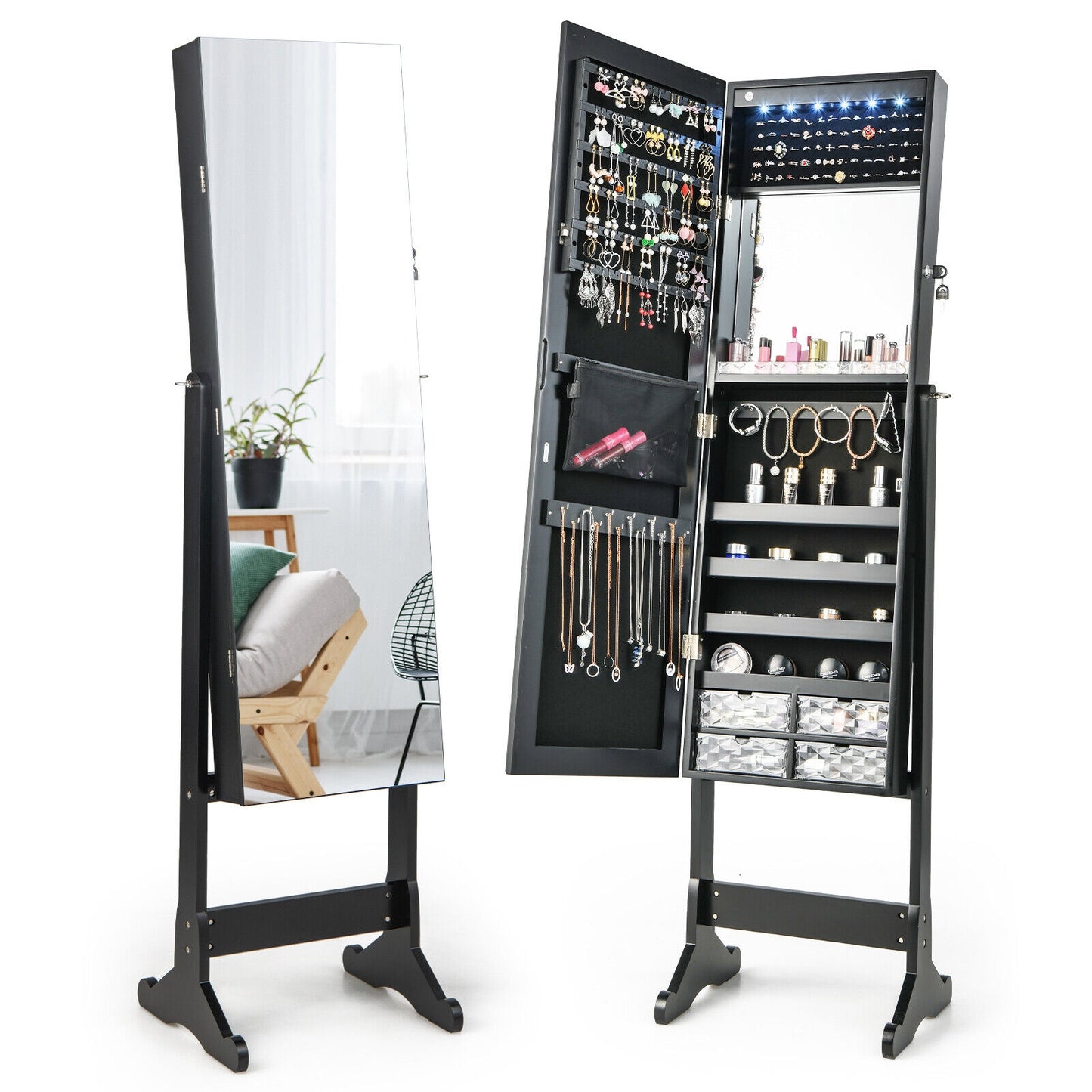 LED Lighted Full-Length Mirror Jewelry Armoire with Lockable Storage and Adjustable Angle – Black