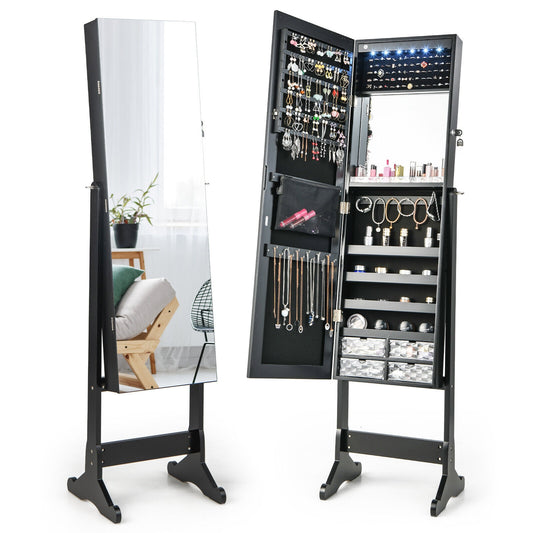 LED Lighted Full-Length Mirror Jewelry Armoire with Lockable Storage and Adjustable Angle – Black